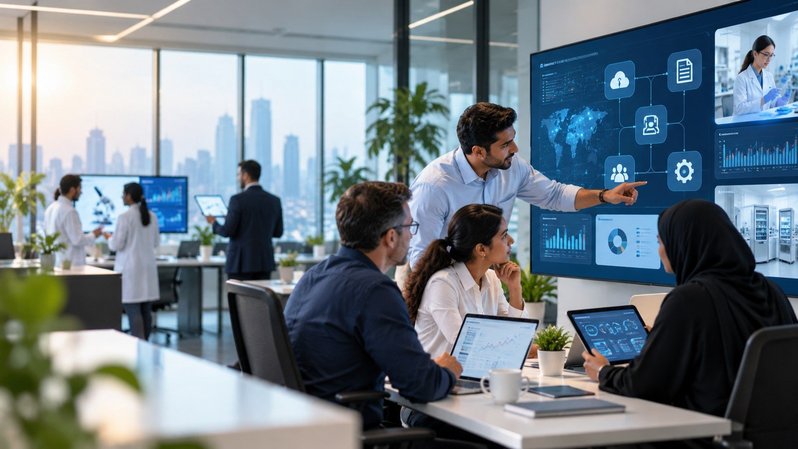 Team collaborating around connected business and laboratory information