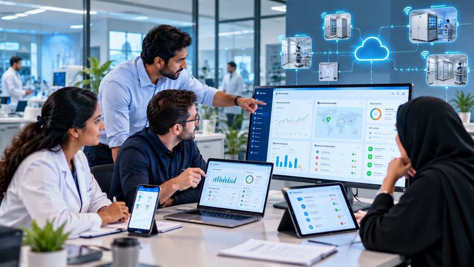 Laboratory team reviewing connected operational information across devices